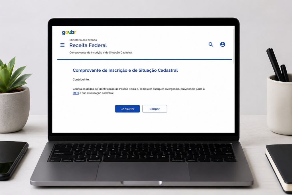 Pessoa emitindo o comprovante de inscrição no CPF pelo site da Receita Federal.