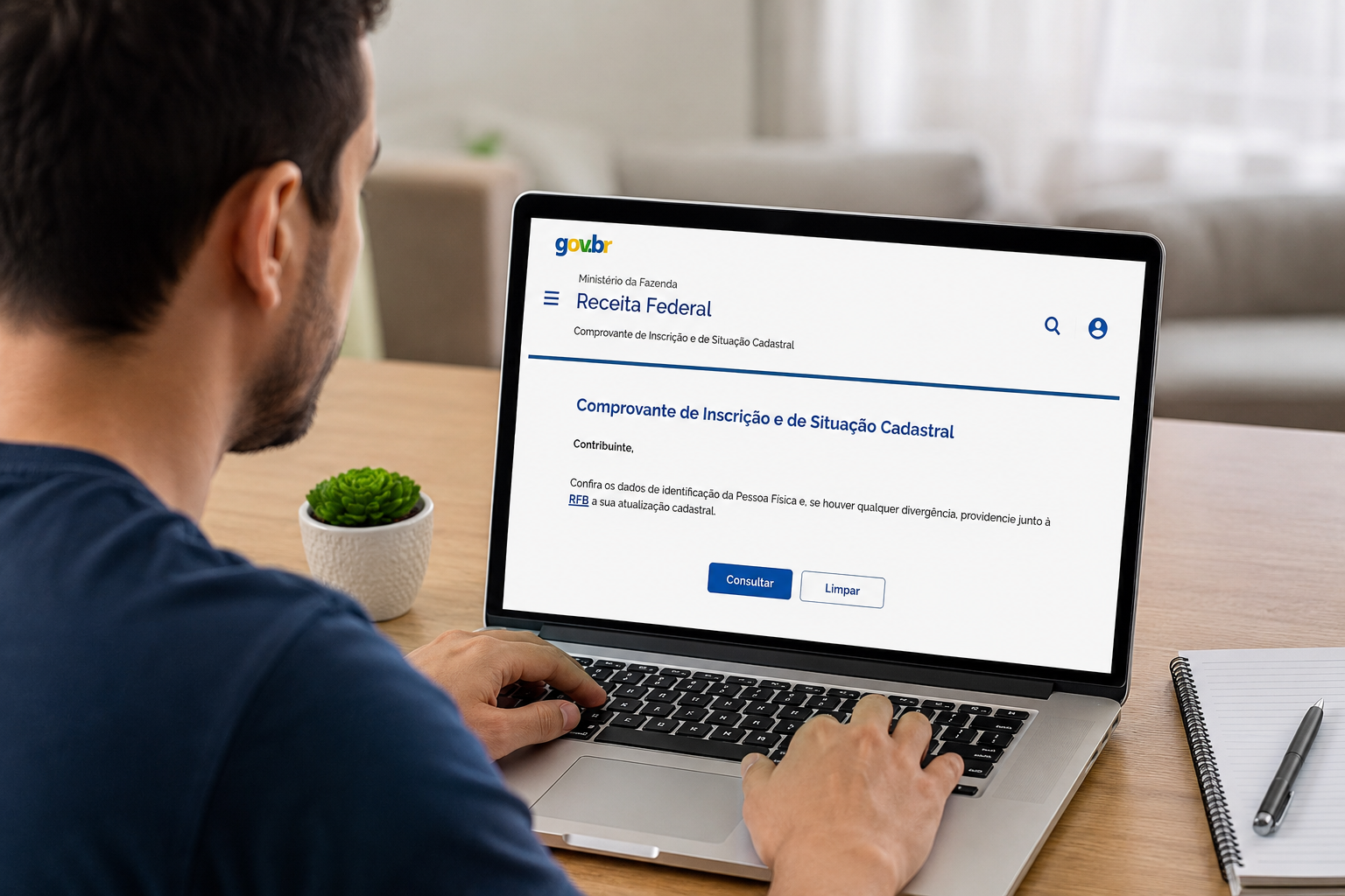 Pessoa emitindo o comprovante de inscrição no CPF pelo site da Receita Federal.