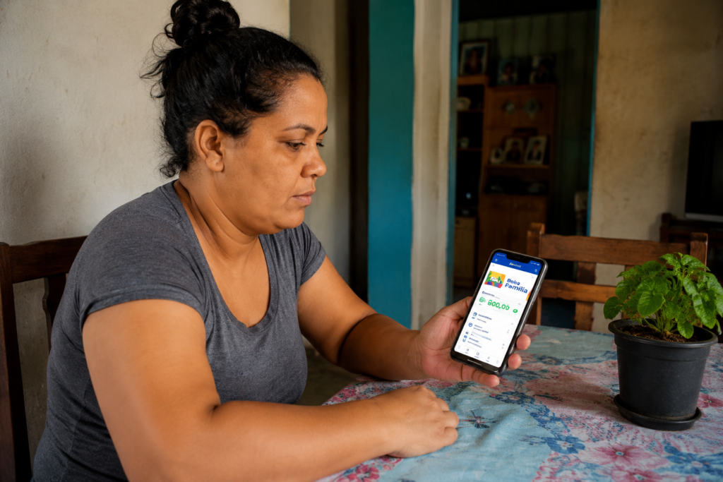 informações do Bolsa Família pelo celular enquanto está sentada à mesa em uma residência simples.